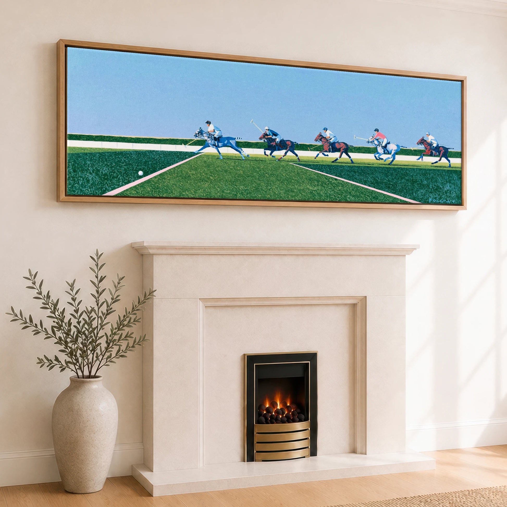 Rhythm of the Chukka Polo Horse panoramic canvas wall art displayed above a fireplace