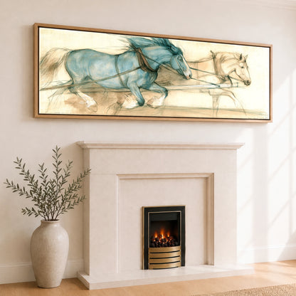 The Blue Draught Team Working Horse panoramic canvas wall art displayed above a fireplace