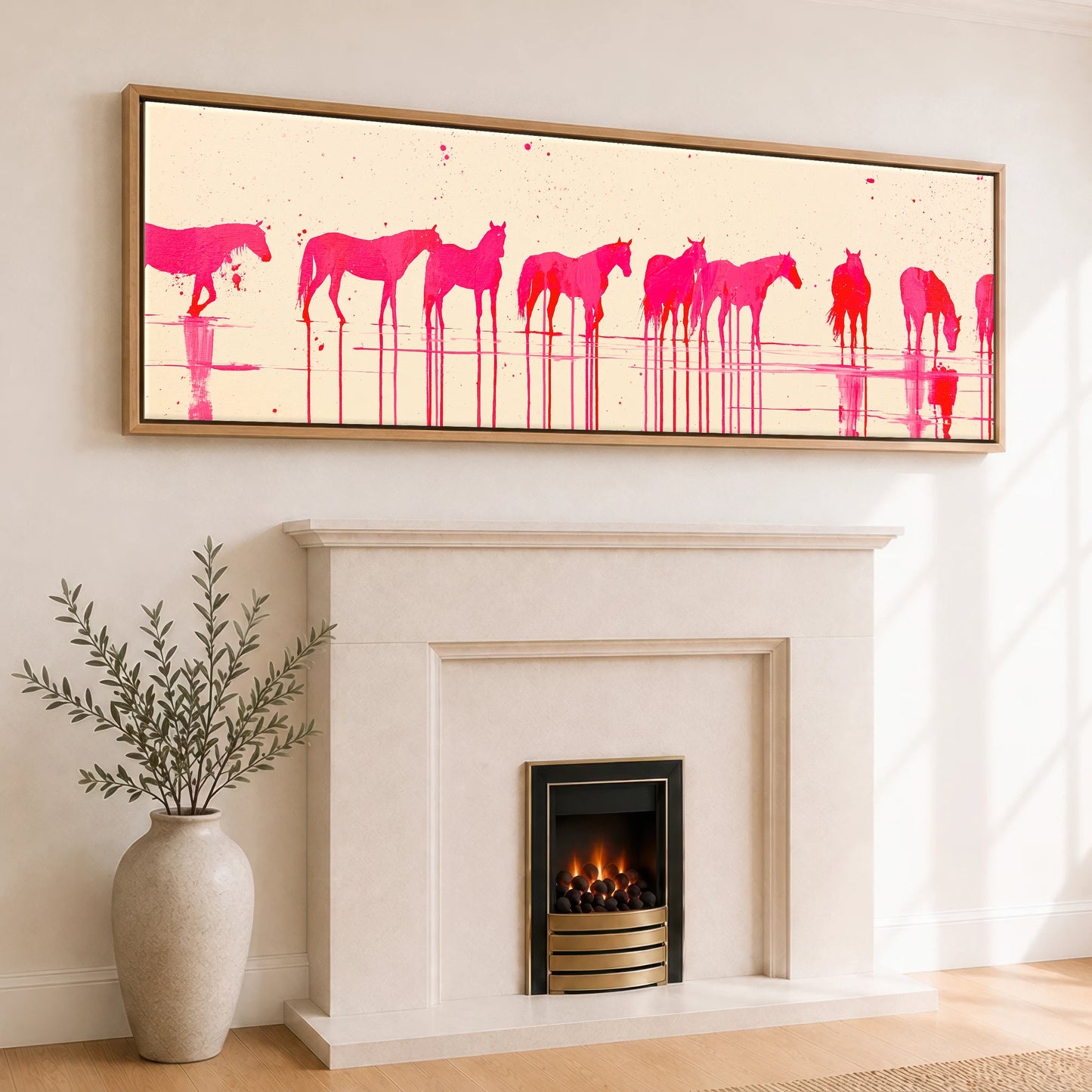 Magenta Equine Wash Beach Horse panoramic canvas wall art displayed above a fireplace