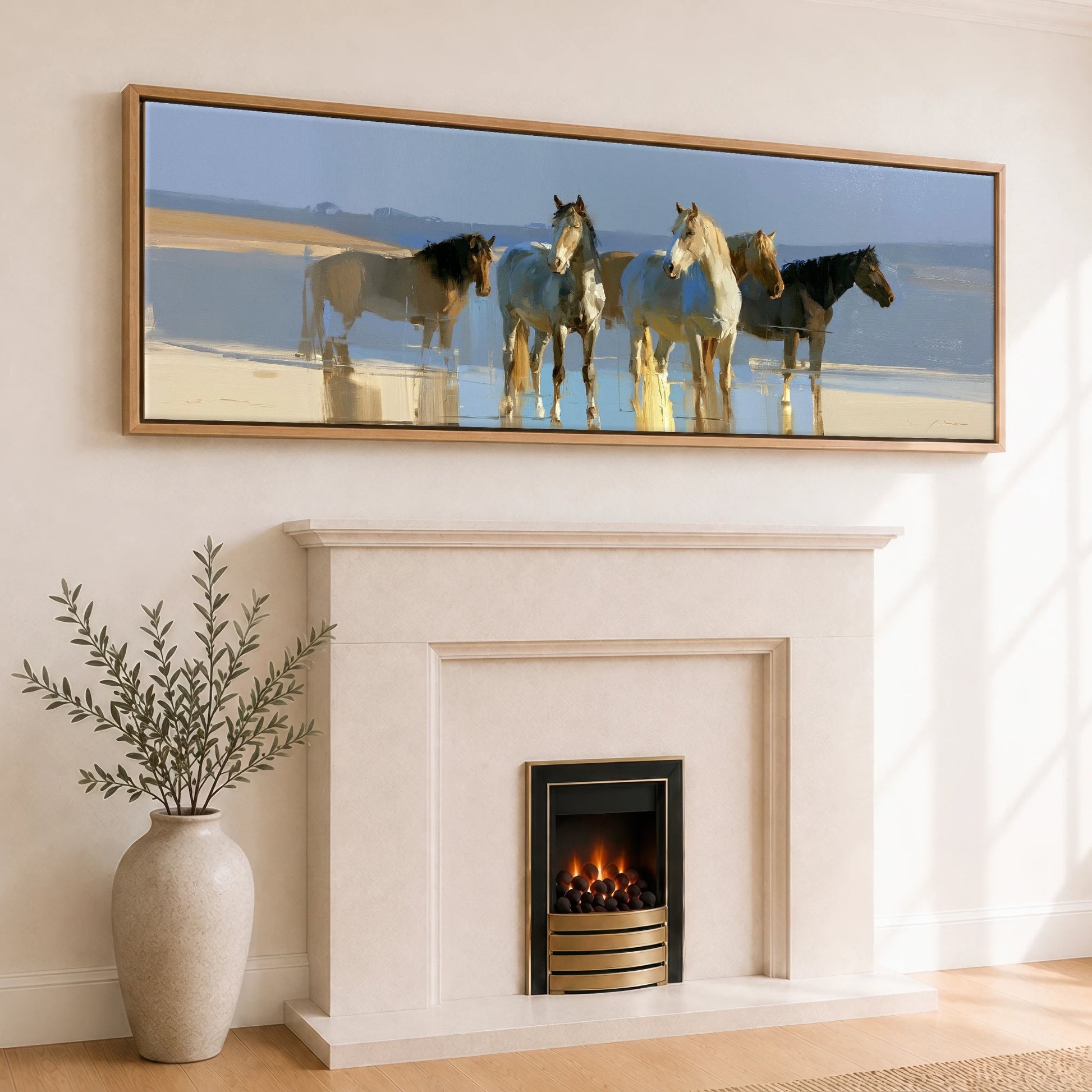 Stillness in the Shallows Horse Landscape panoramic canvas wall art displayed above a fireplace