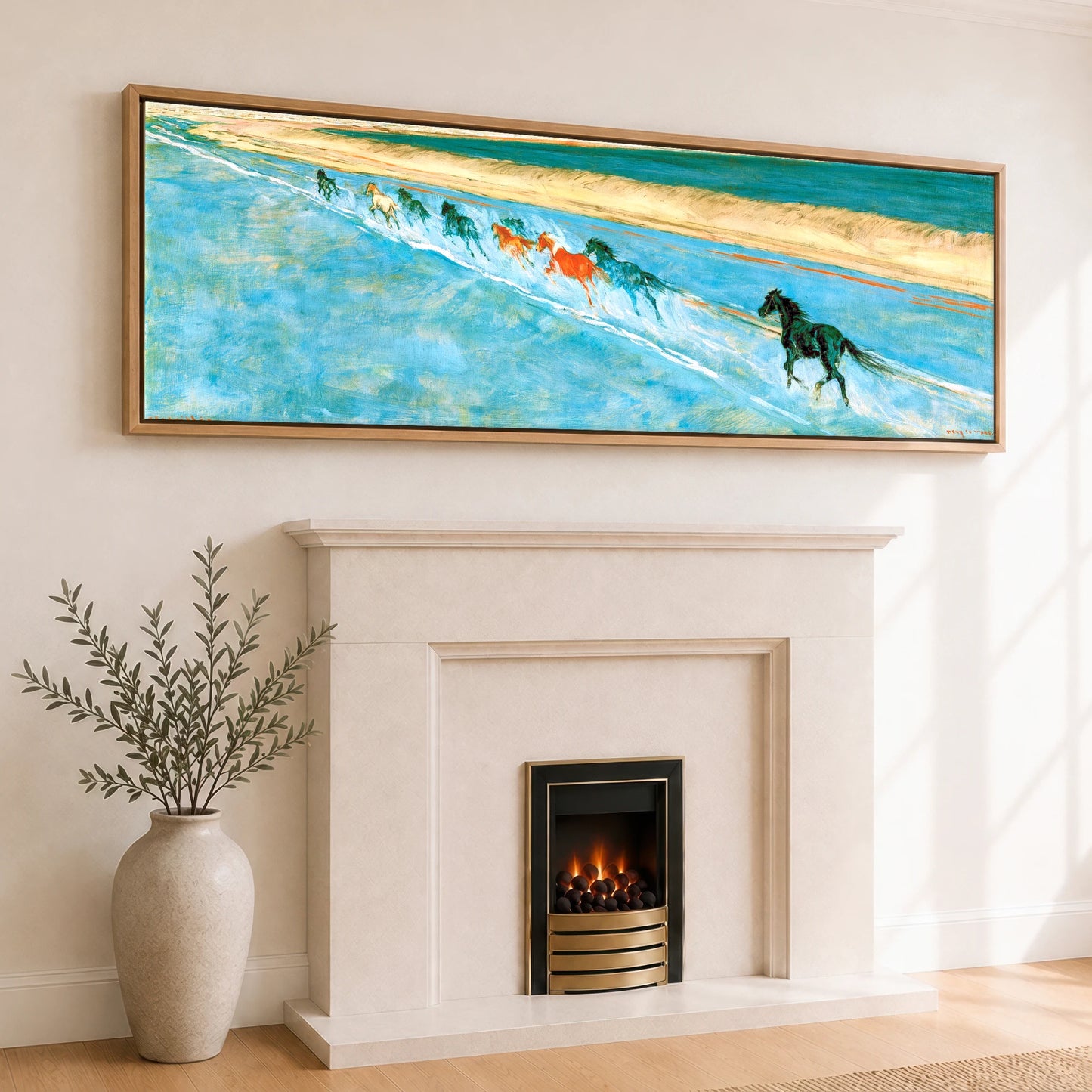 Azure Surf Gallop Beach Horse panoramic canvas wall art displayed above a fireplace