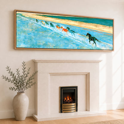 Azure Surf Gallop Beach Horse panoramic canvas wall art displayed above a fireplace