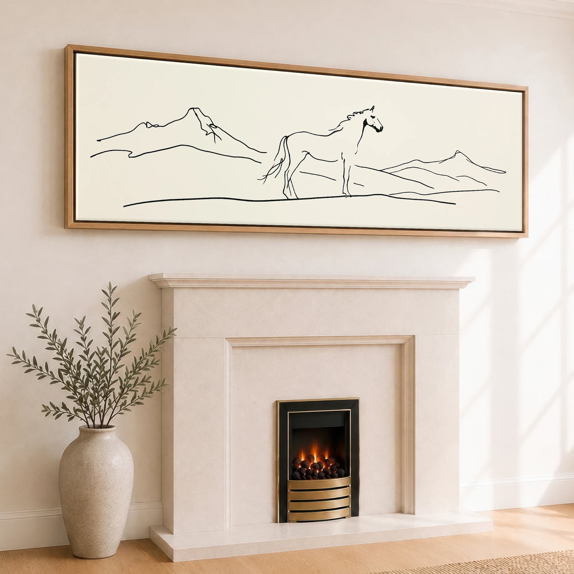 Minimalist Equine Horizon Horse Landscape panoramic canvas wall art displayed above a fireplace