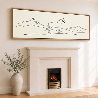 Minimalist Equine Horizon Horse Landscape panoramic canvas wall art displayed above a fireplace