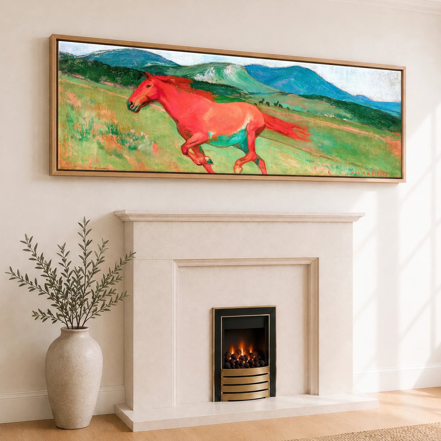 The Crimson Gallop Horse Landscape panoramic canvas wall art displayed above a fireplace