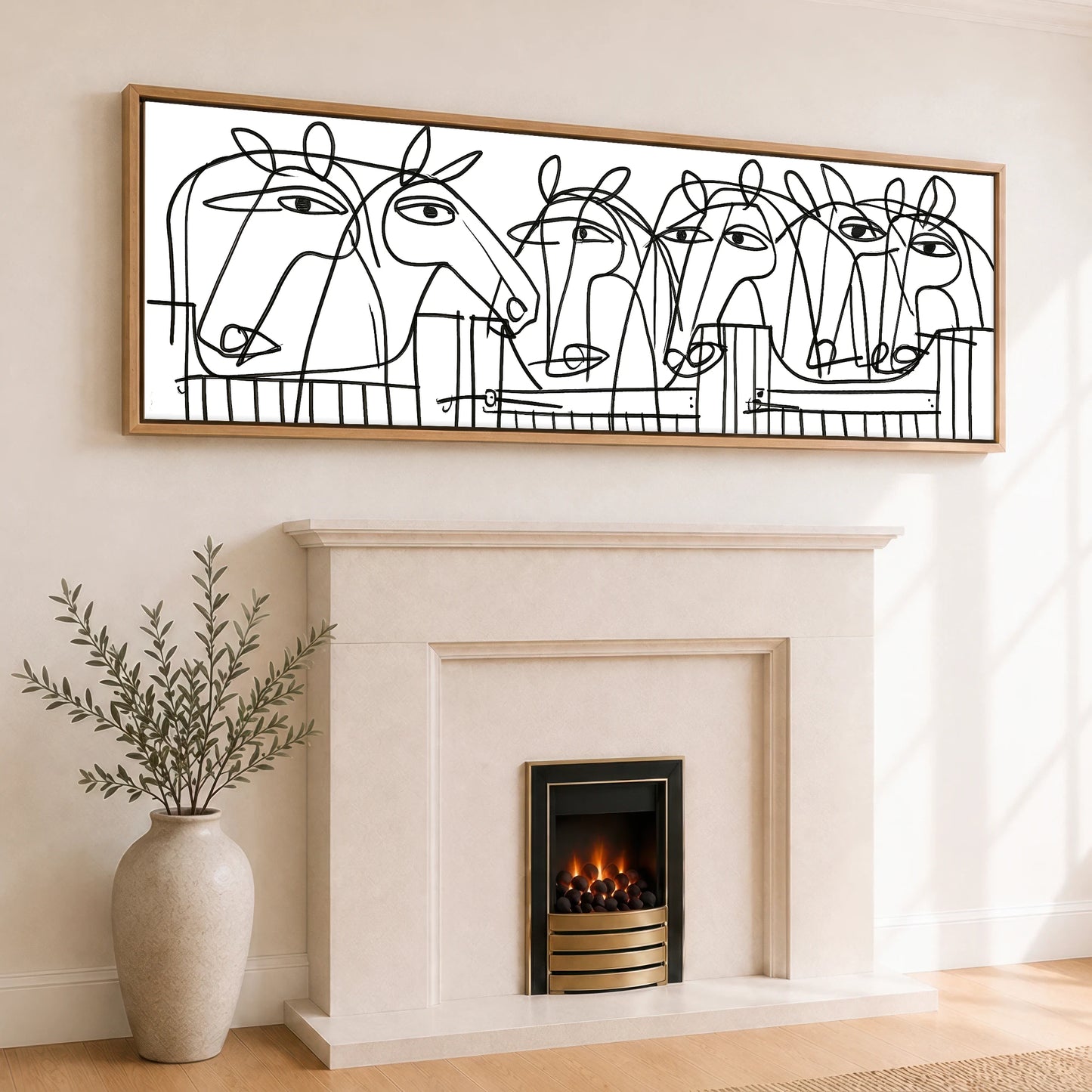 Linear Yard Horse Stable panoramic canvas wall art displayed above a fireplace