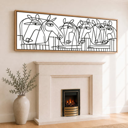 Linear Yard Horse Stable panoramic canvas wall art displayed above a fireplace