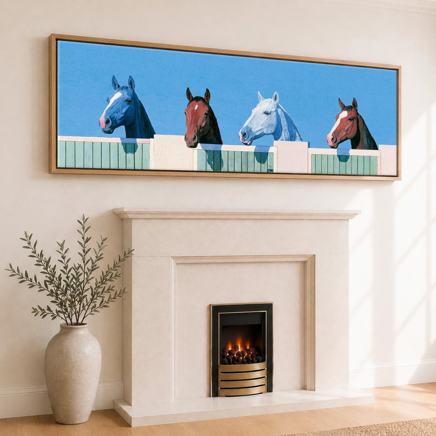 The Morning Line-Up Horse Stable panoramic canvas wall art displayed above a fireplace