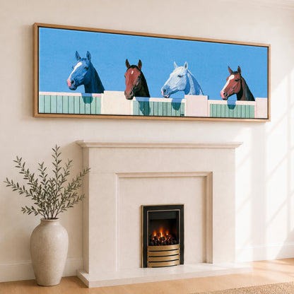 The Morning Line-Up Horse Stable panoramic canvas wall art displayed above a fireplace