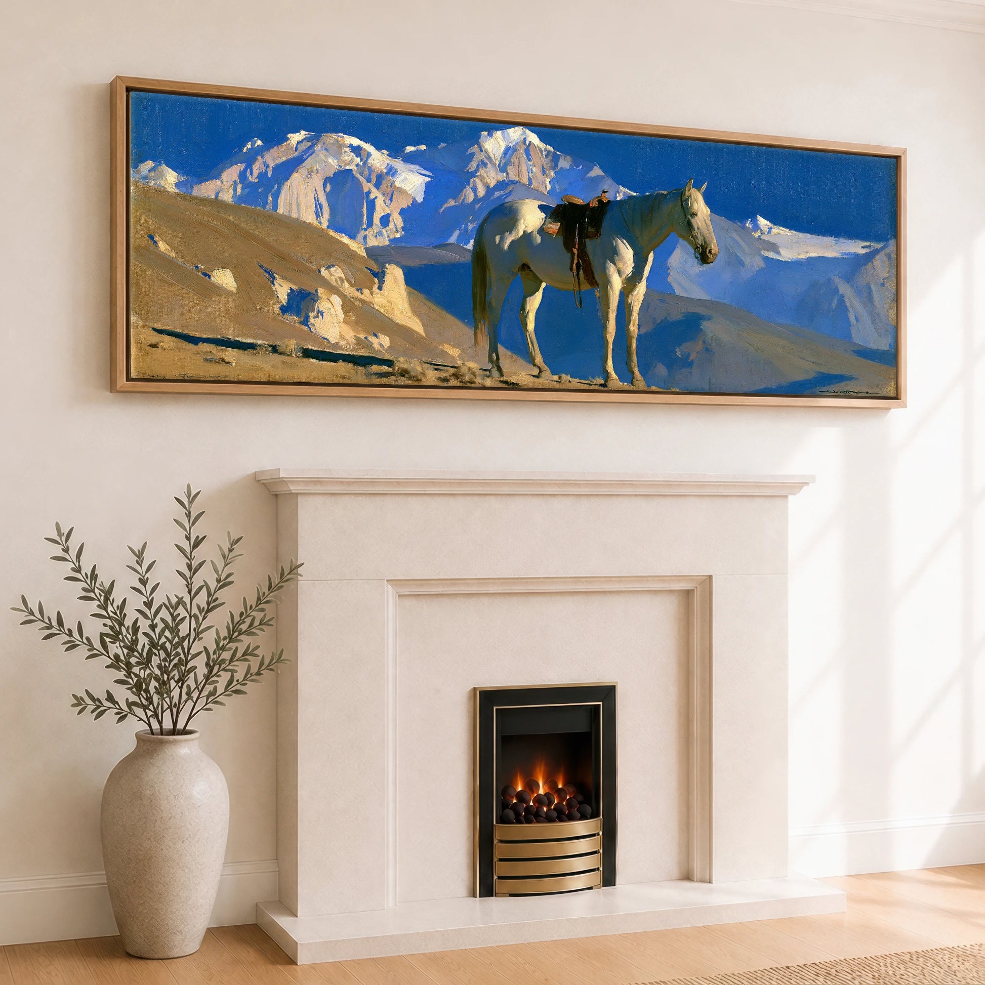 Sunlit Ridge Horse Landscape panoramic canvas wall art displayed above a fireplace