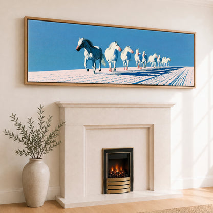 Azure Winter Gallop Horse Landscape panoramic canvas wall art displayed above a fireplace