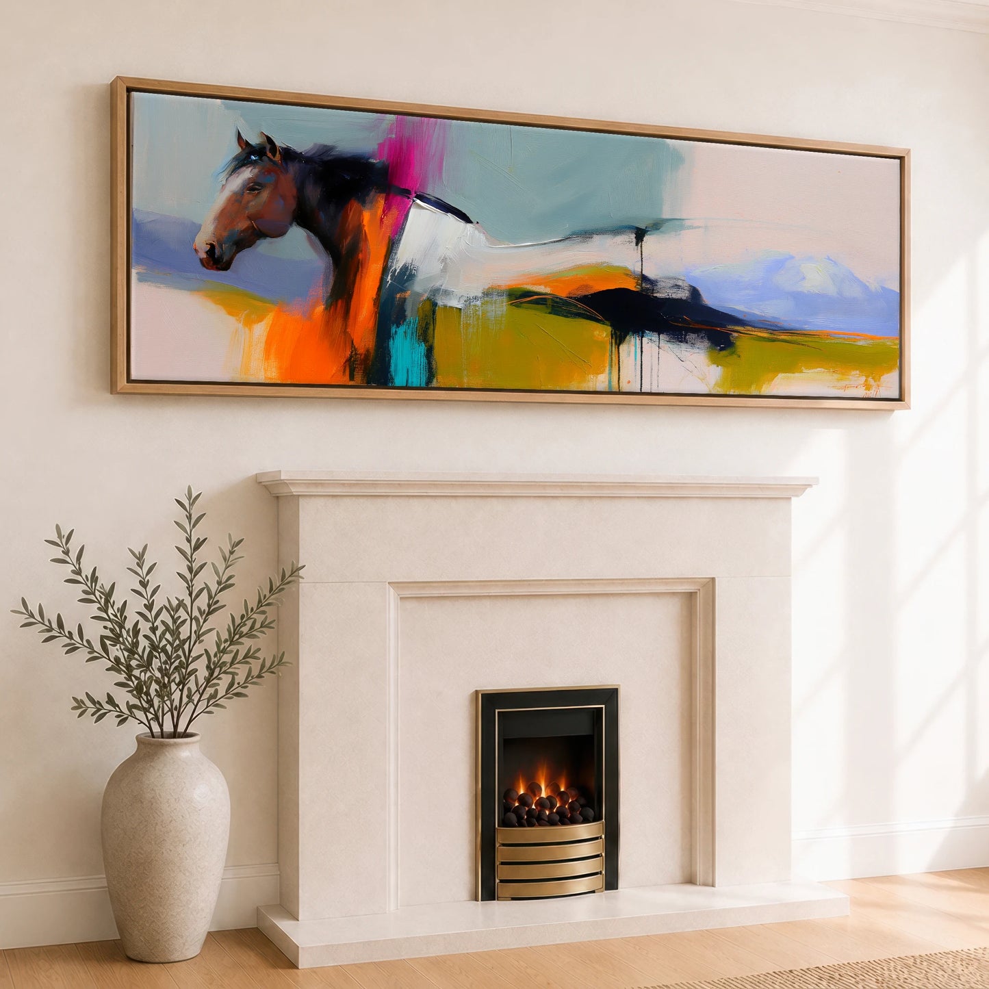Vivid Equine Horizon Horse Landscape panoramic canvas wall art displayed above a fireplace
