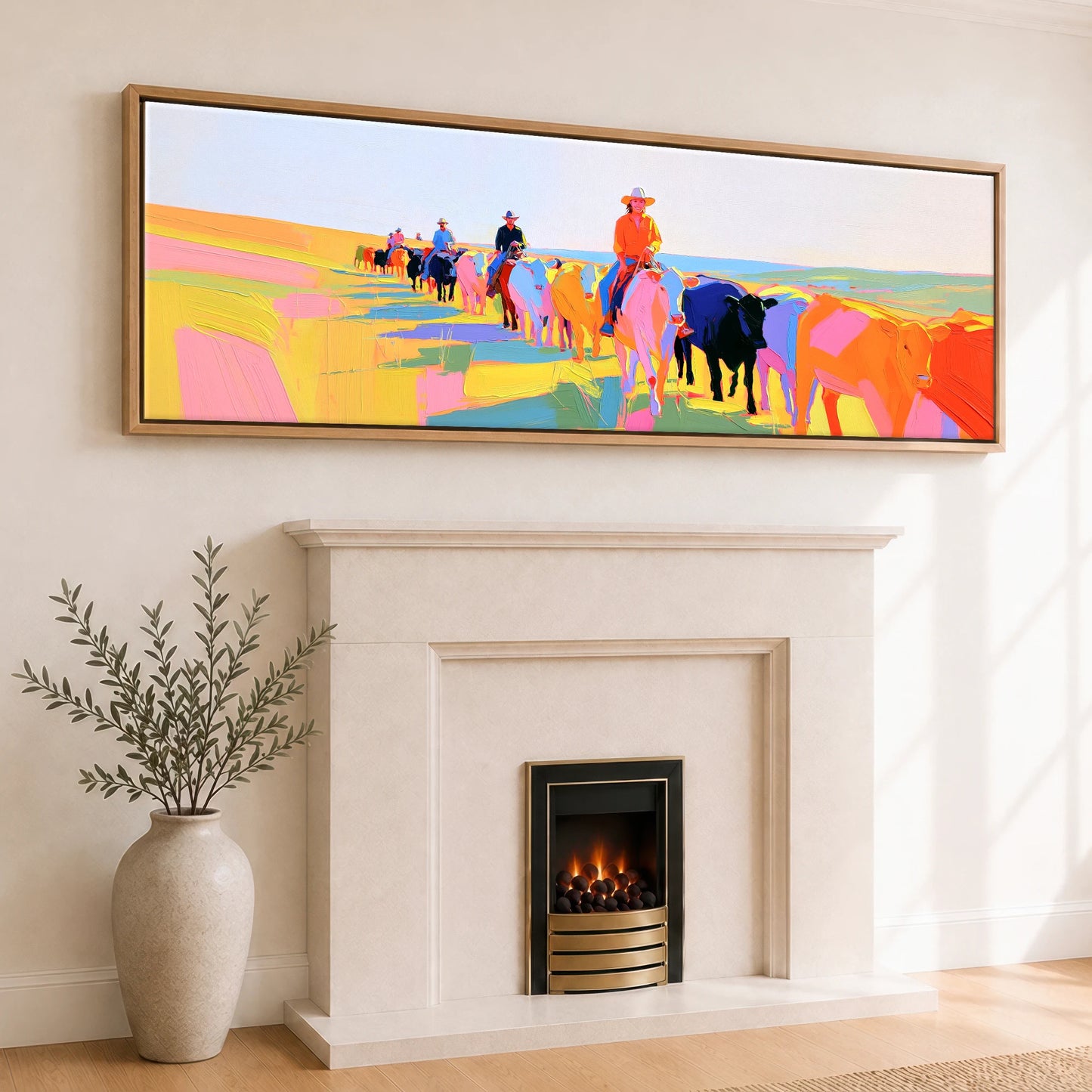 Painted Western Range Western Horse panoramic canvas wall art displayed above a fireplace