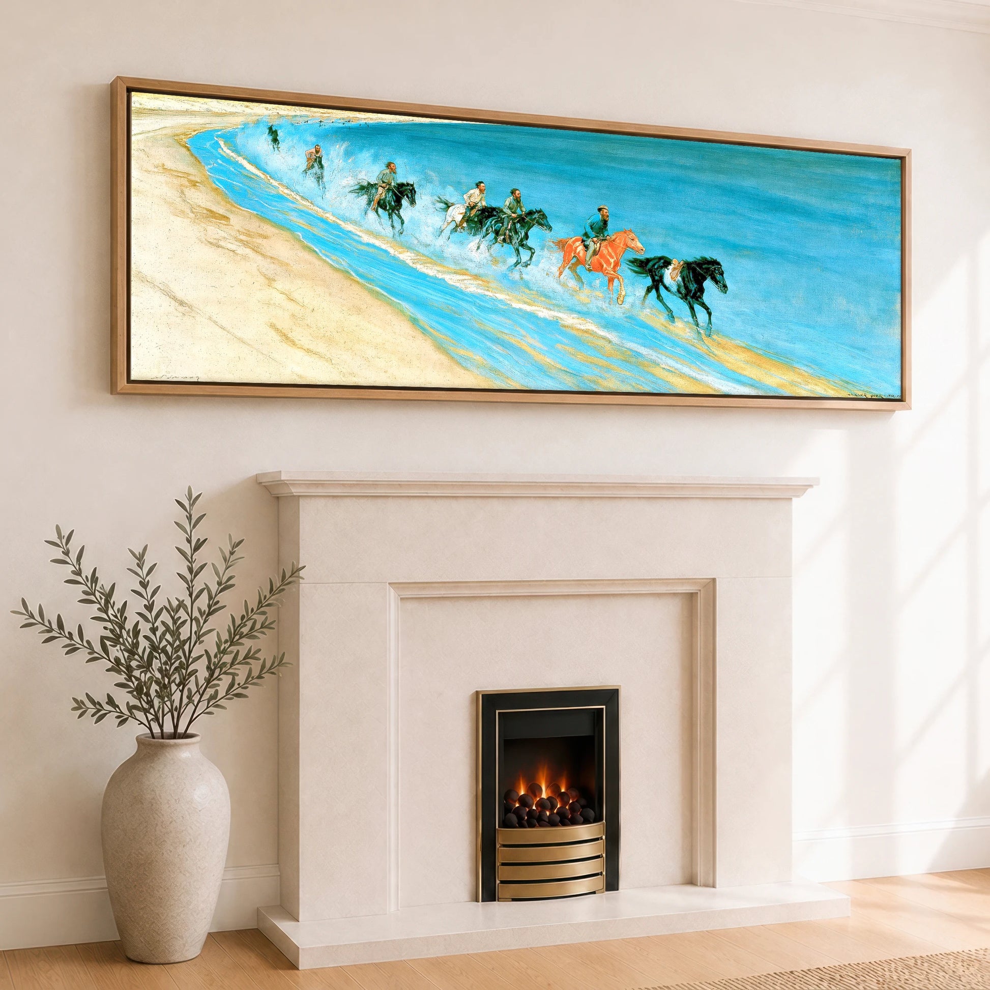 Galloping Through the Surf Beach Horse panoramic canvas wall art displayed above a fireplace