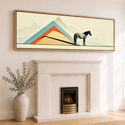 Geometric Equine Horizon Horse Landscape panoramic canvas wall art displayed above a fireplace