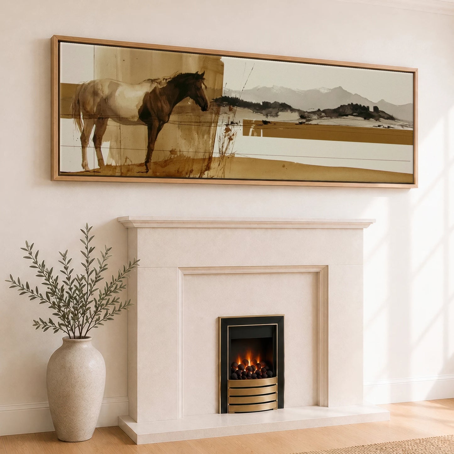 Sepia Horizon Horse Landscape panoramic canvas wall art displayed above a fireplace