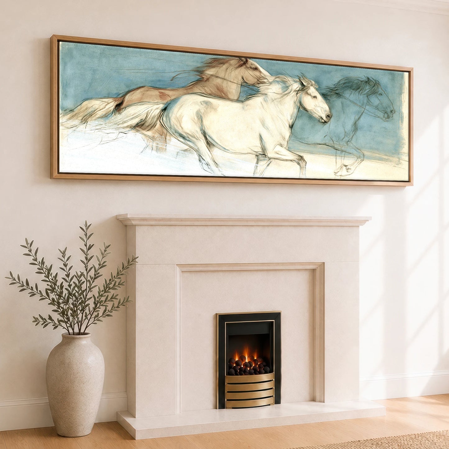 Teal Wash Gallop Study Horse Landscape panoramic canvas wall art displayed above a fireplace