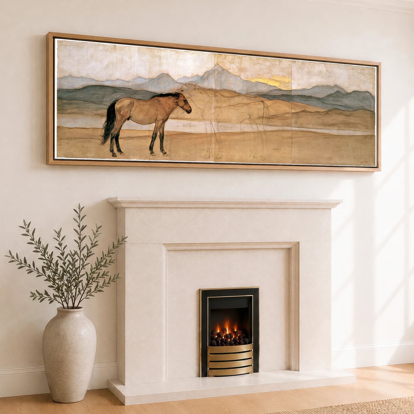 Whispers of the Herd Horse Landscape panoramic canvas wall art displayed above a fireplace