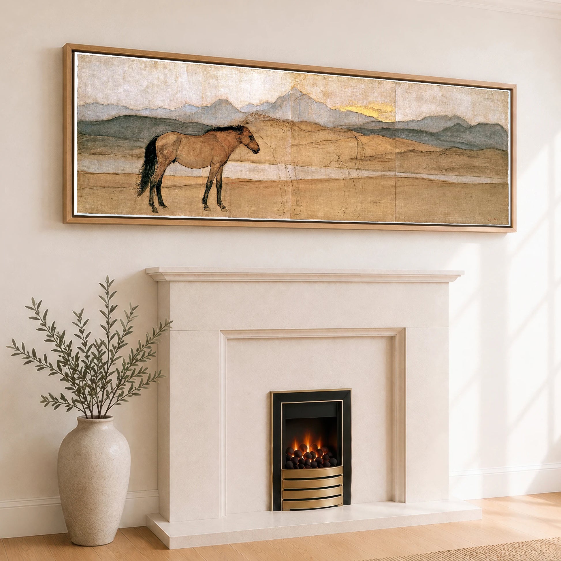 Whispers of the Herd Horse Landscape panoramic canvas wall art displayed above a fireplace