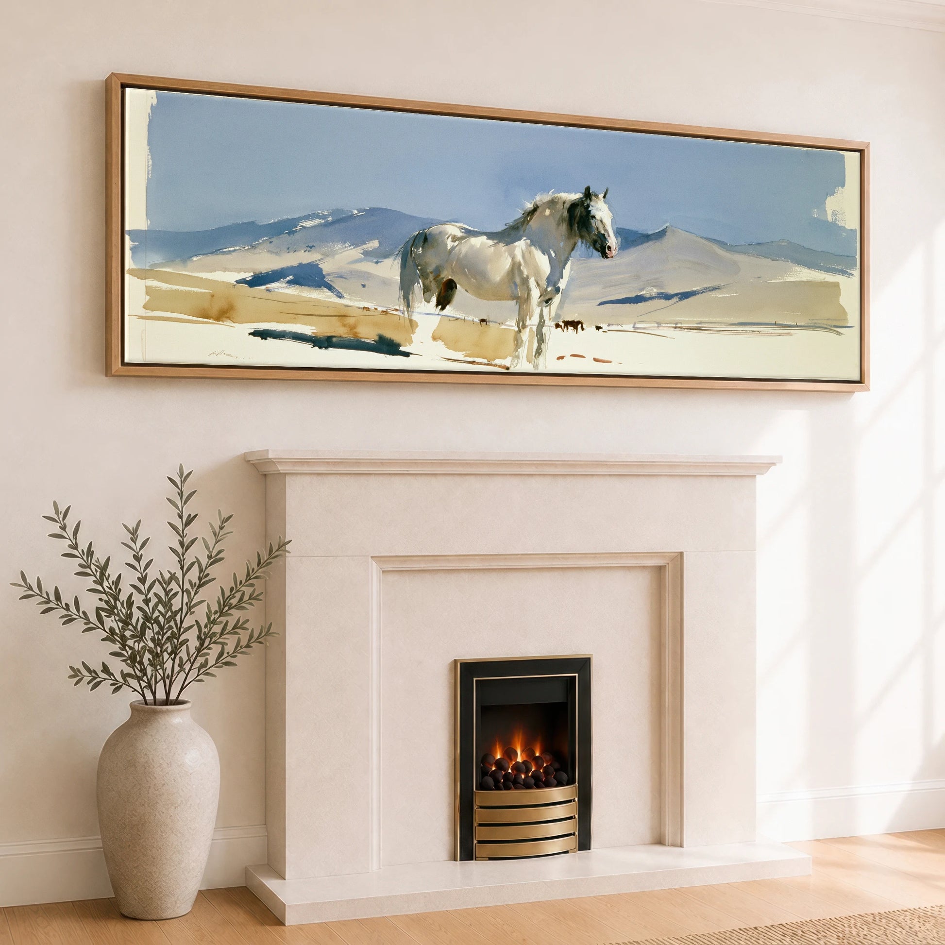 Stillness on the Range Horse Landscape panoramic canvas wall art displayed above a fireplace