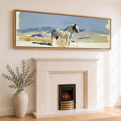 Stillness on the Range Horse Landscape panoramic canvas wall art displayed above a fireplace