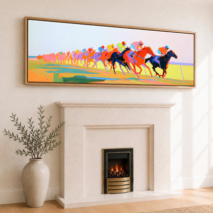 The Electric Sprint Racing Horse panoramic canvas wall art displayed above a fireplace