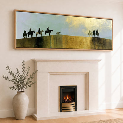The Golden Ridge Horse & Rider panoramic canvas wall art displayed above a fireplace