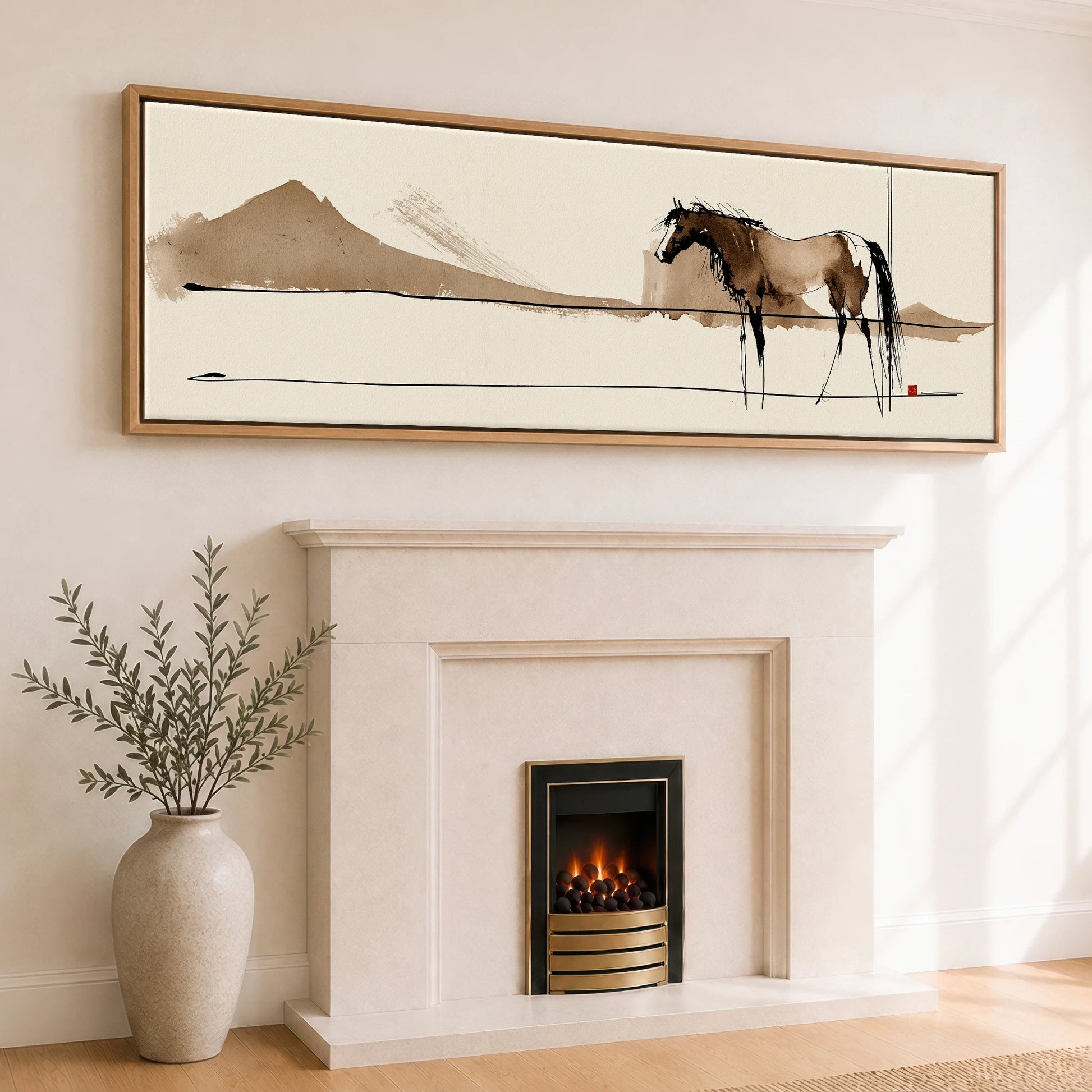 Silent Equine Horizon Horse Landscape panoramic canvas wall art displayed above a fireplace