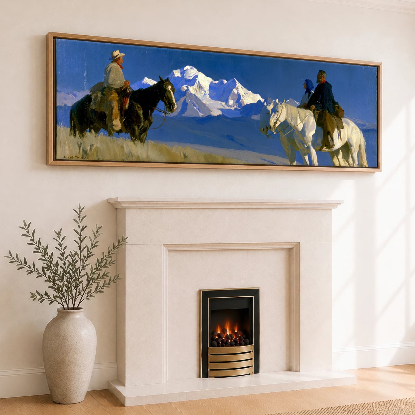 High Country Journey Horse Landscape panoramic canvas wall art displayed above a fireplace
