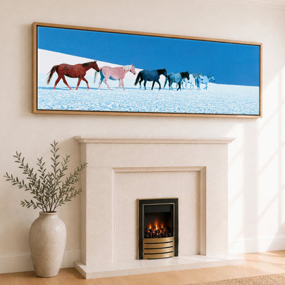 The Azure Procession Horse Landscape panoramic canvas wall art displayed above a fireplace