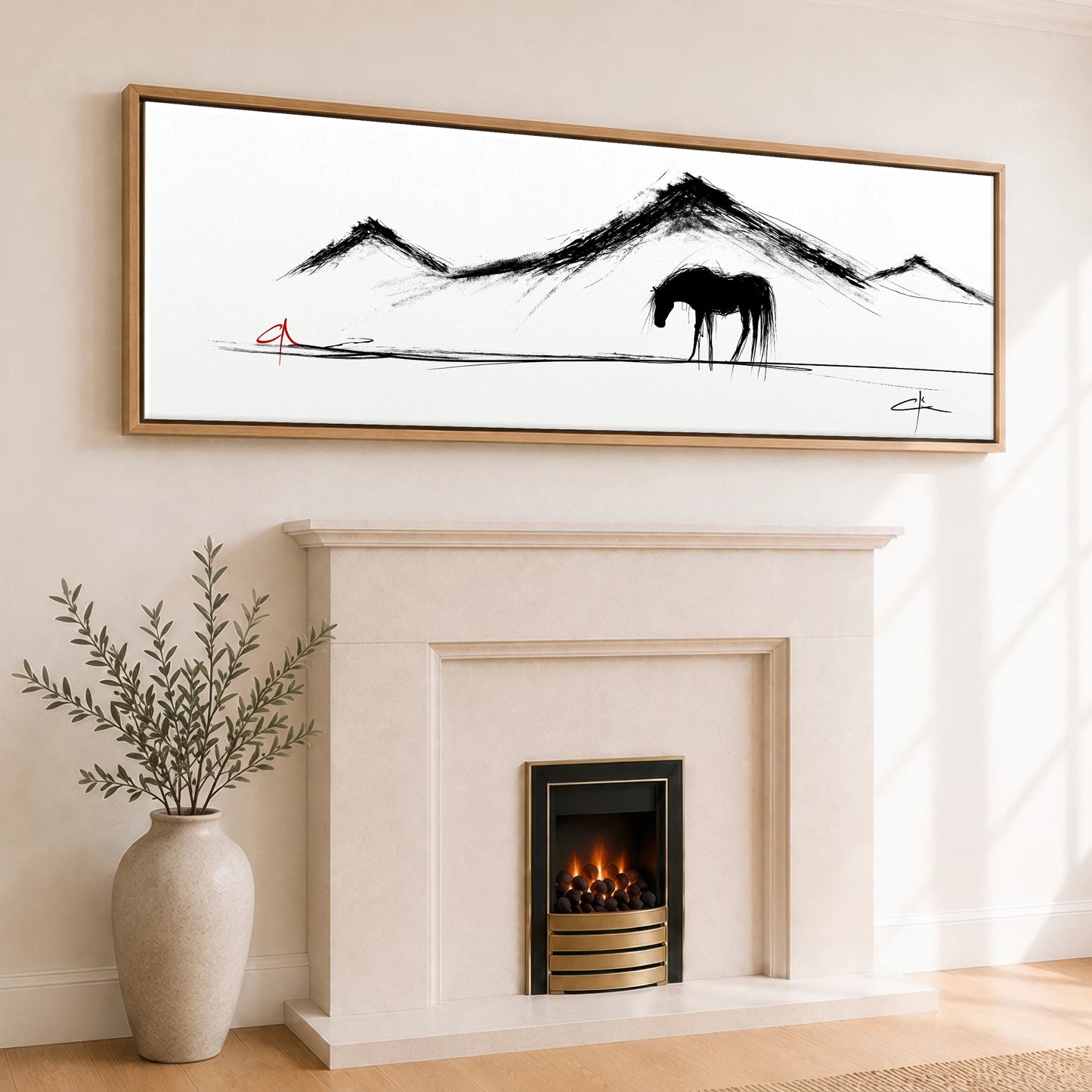 Silent Peaks Grazing Horse Landscape panoramic canvas wall art displayed above a fireplace