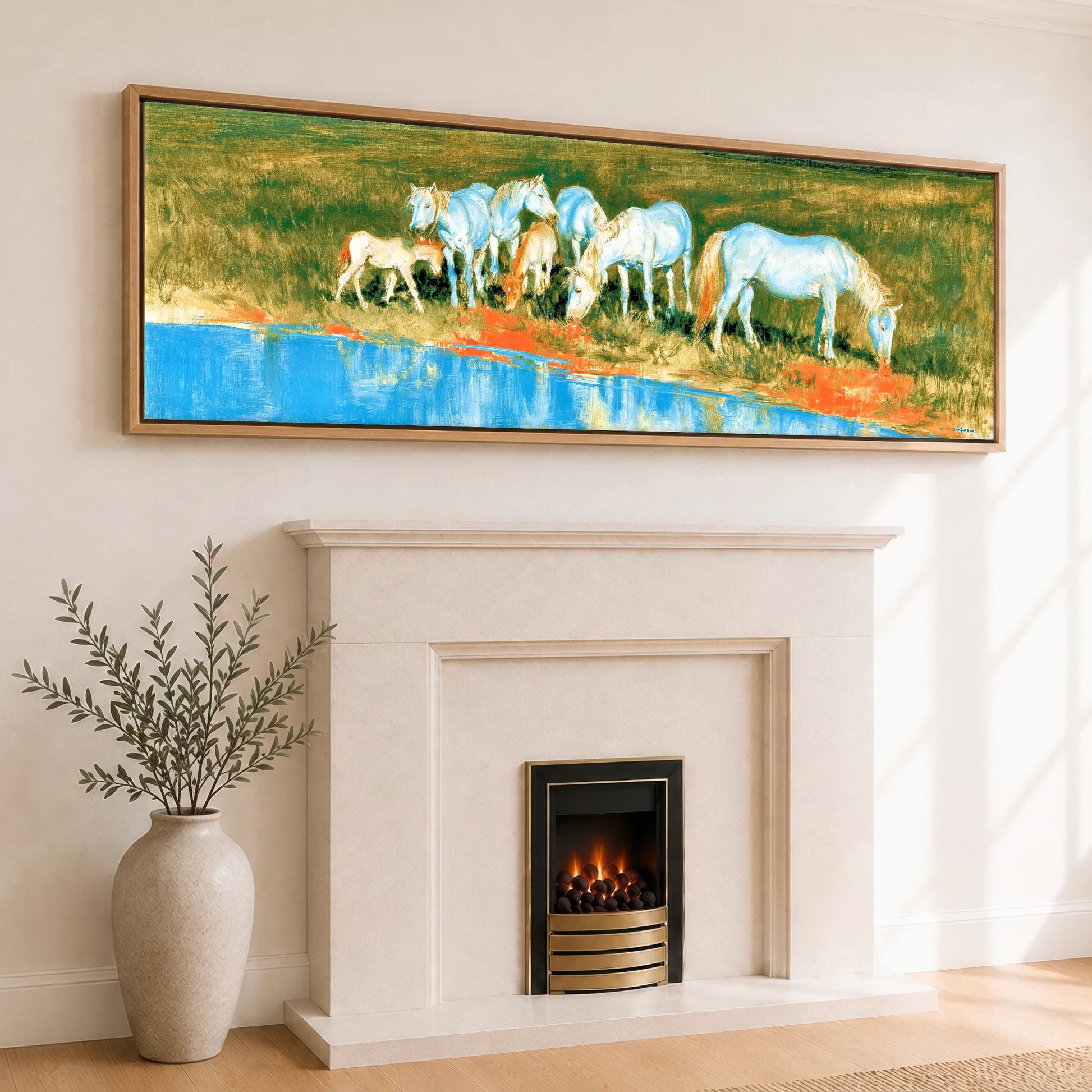 Vivid Waterside Herd Wild Horses panoramic canvas wall art displayed above a fireplace