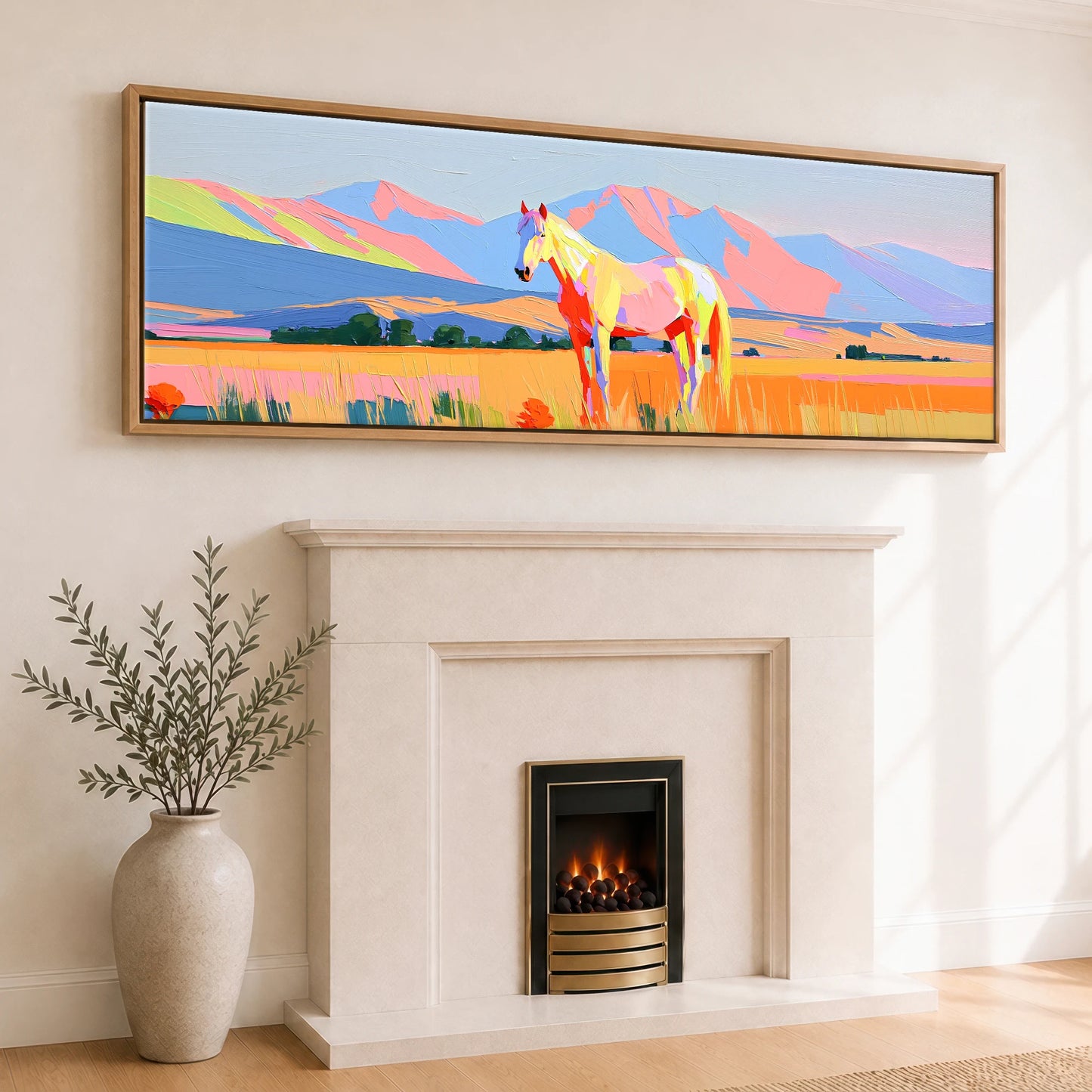 Technicolour Mountain Pasture Horse Landscape panoramic canvas wall art displayed above a fireplace