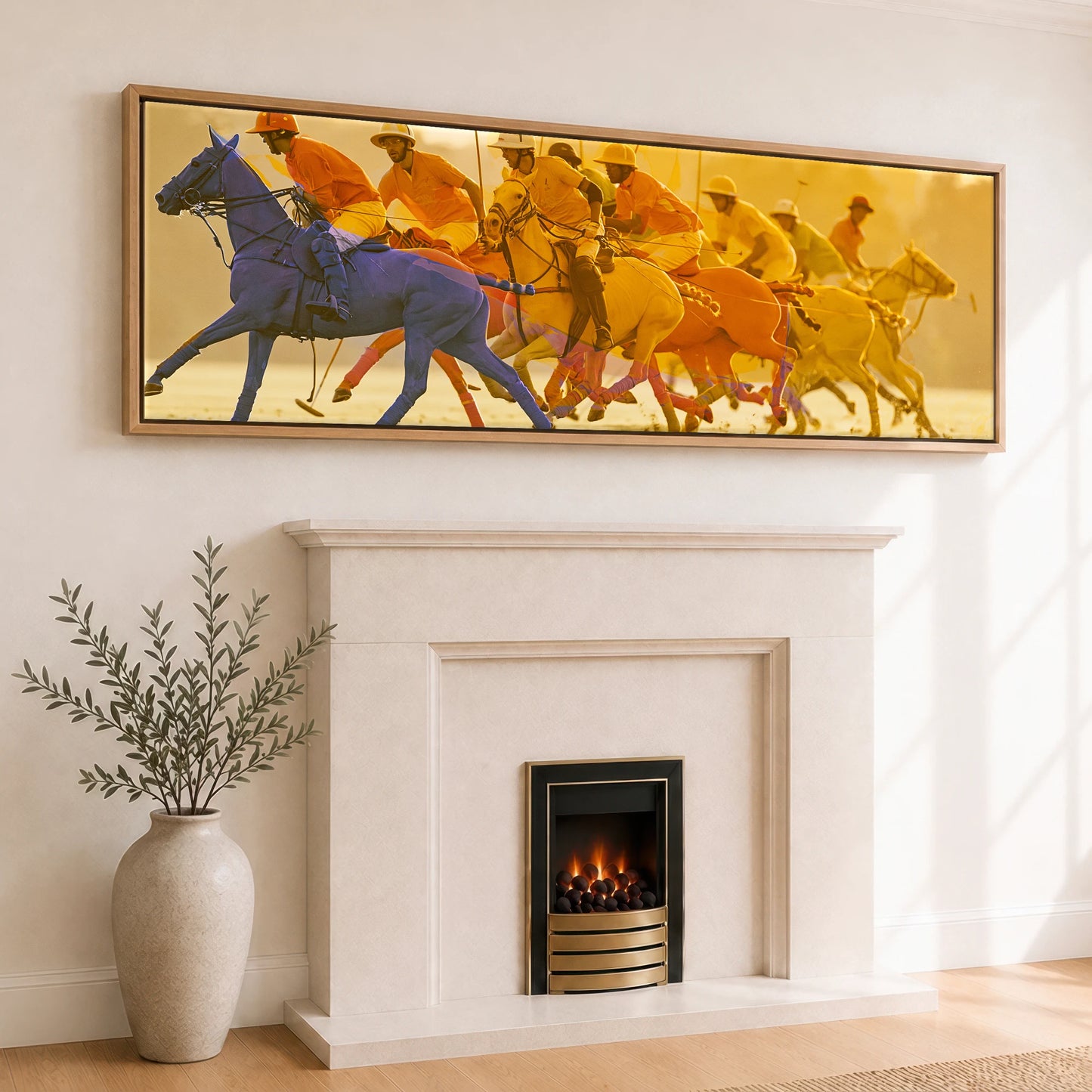 The Cobalt Charge Polo Horse panoramic canvas wall art displayed above a fireplace