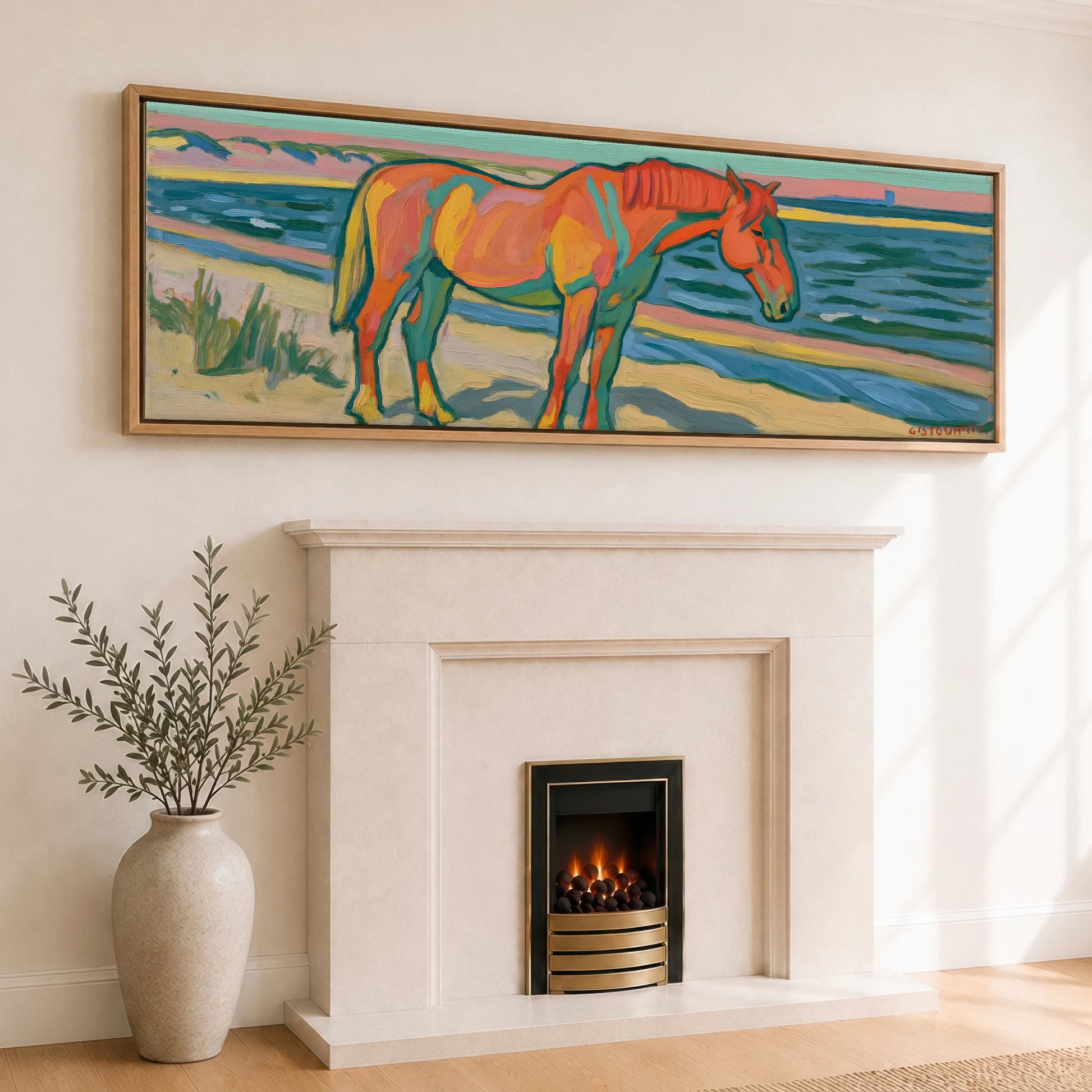 Vibrant Coastal Equine Horse Landscape panoramic canvas wall art displayed above a fireplace