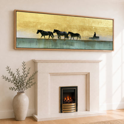 The Golden Drive Working Horse panoramic canvas wall art displayed above a fireplace