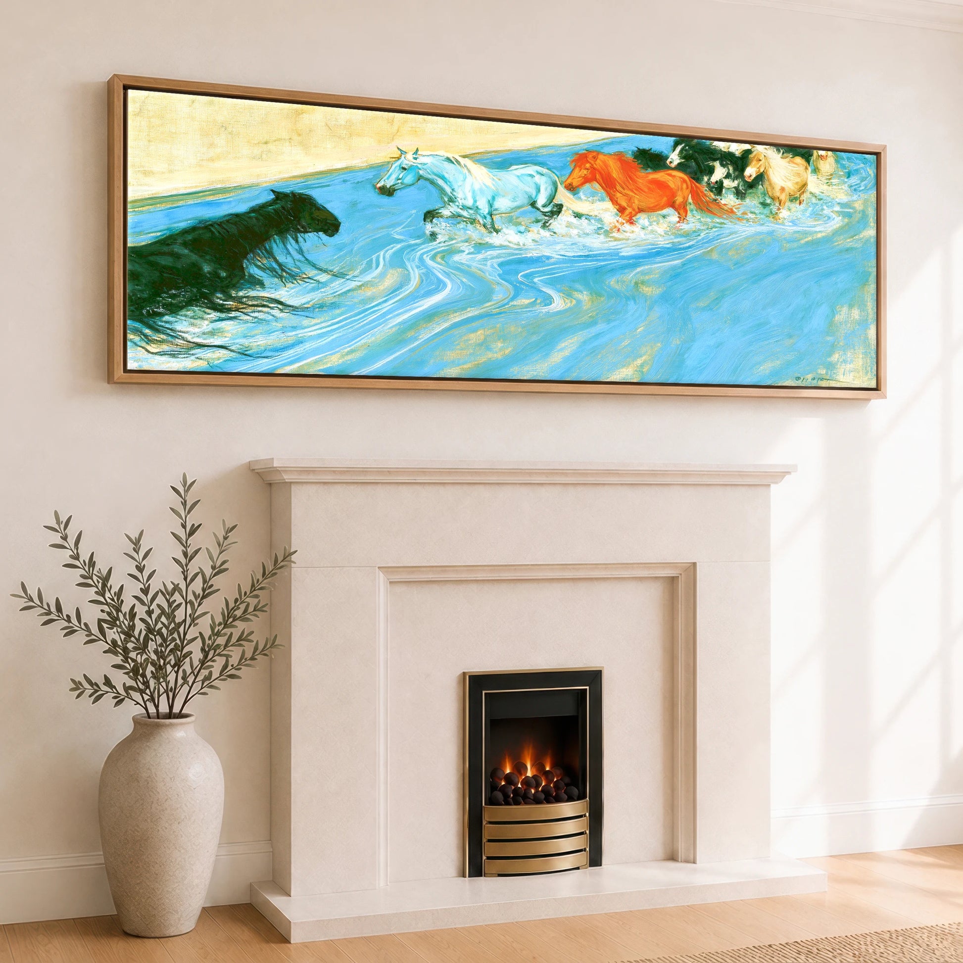 The Azure Crossing Horse Landscape panoramic canvas wall art displayed above a fireplace