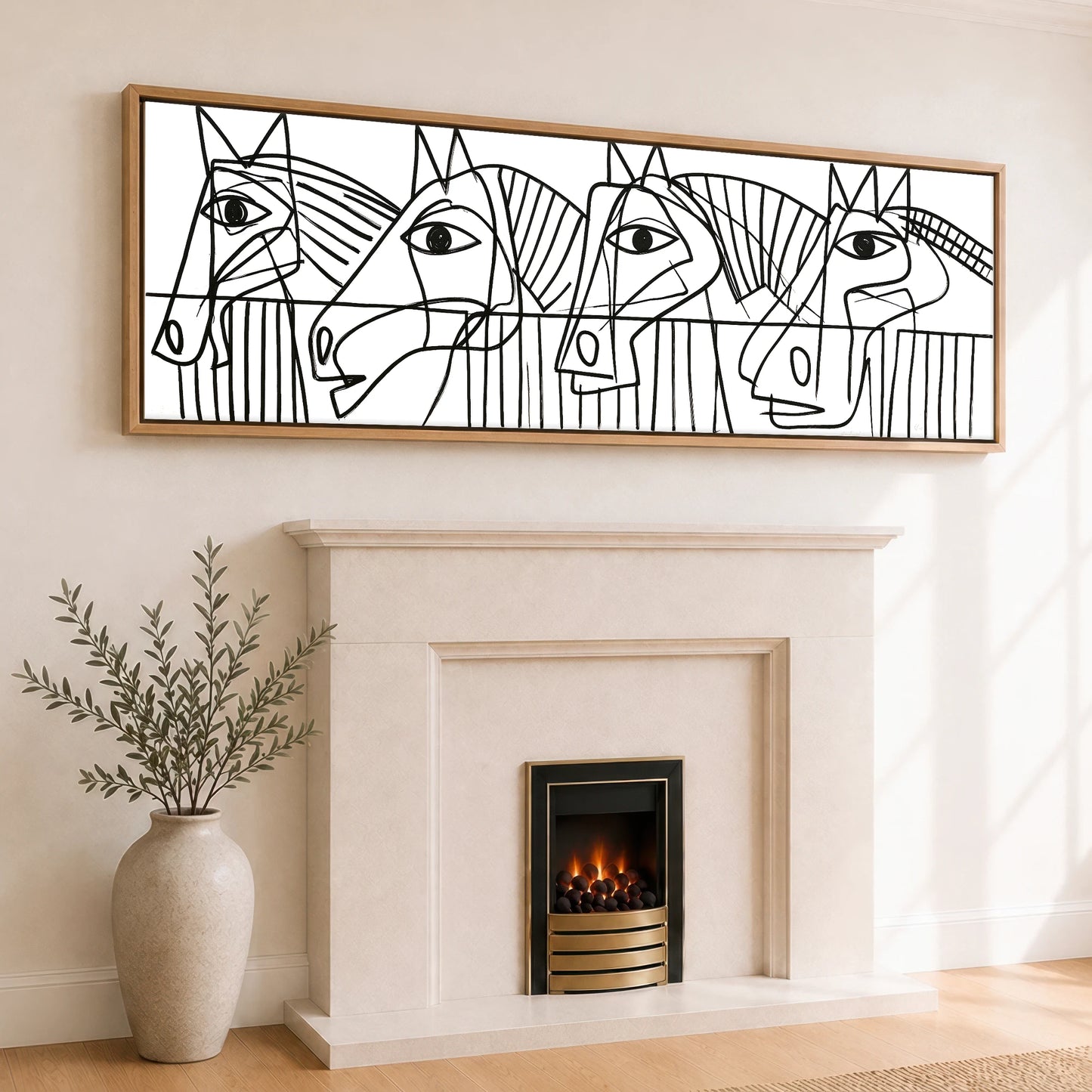 Modern Yard Lineup Horse Stable panoramic canvas wall art displayed above a fireplace