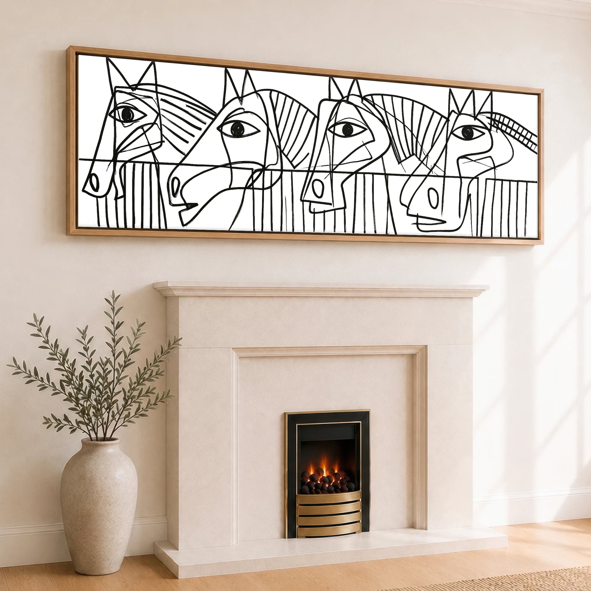Modern Yard Lineup Horse Stable panoramic canvas wall art displayed above a fireplace