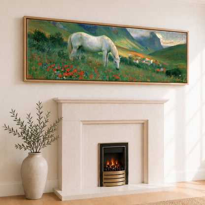 Summer Valley Grazing Horse Landscape panoramic canvas wall art displayed above a fireplace