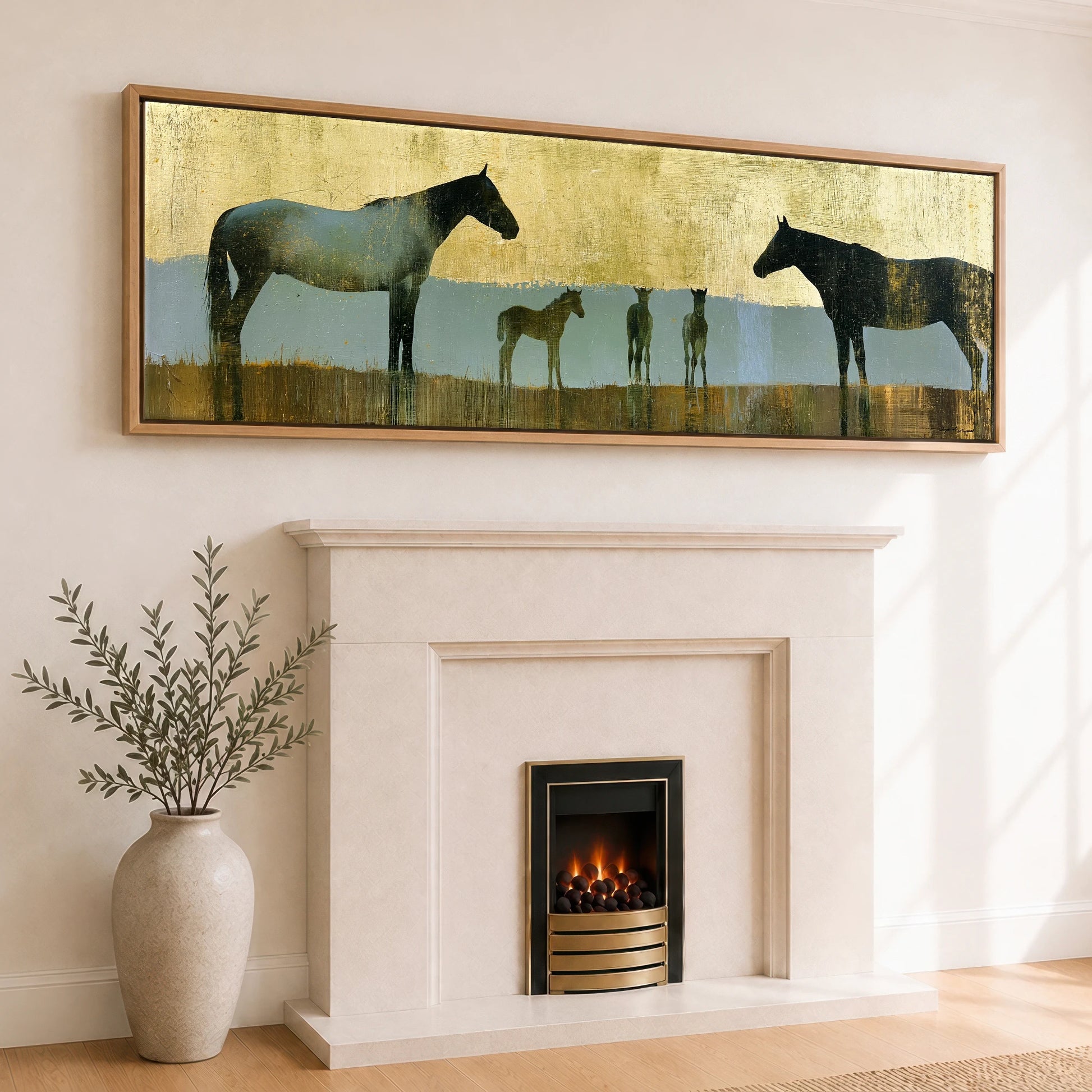 Gilded Pastures Mare & Foal panoramic canvas wall art displayed above a fireplace