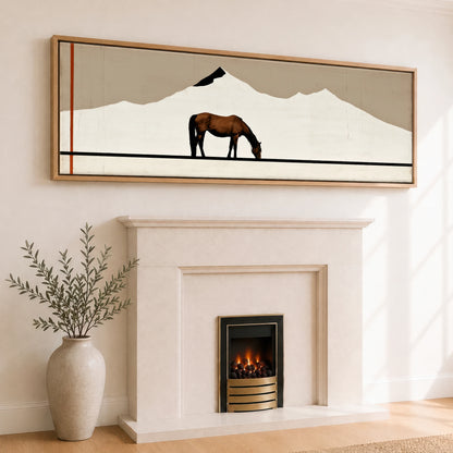 The Minimalist Pasture Horse Landscape panoramic canvas wall art displayed above a fireplace