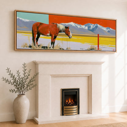 Painted High Country Horse Landscape panoramic canvas wall art displayed above a fireplace