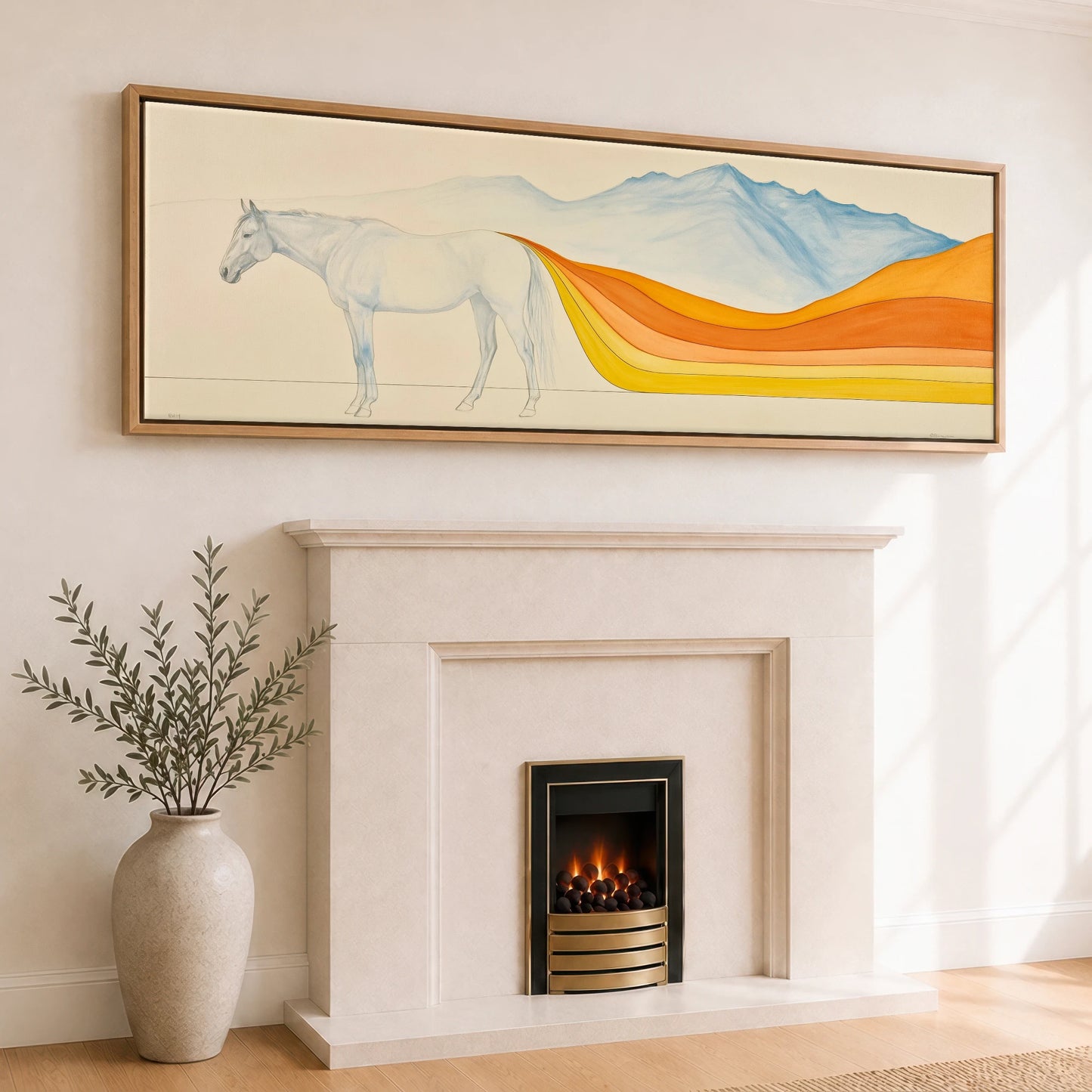 The Flowing Horizon Horse Landscape panoramic canvas wall art displayed above a fireplace