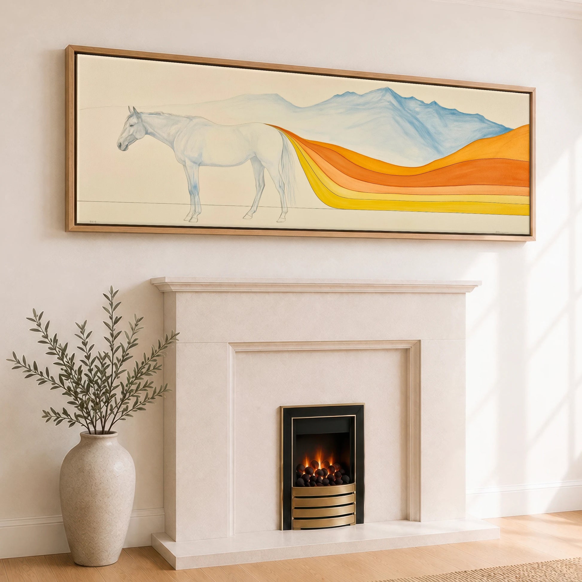 The Flowing Horizon Horse Landscape panoramic canvas wall art displayed above a fireplace