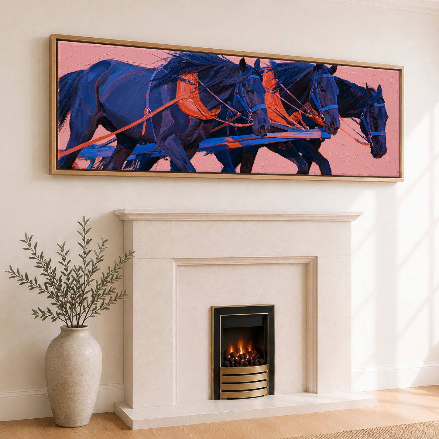The Indigo Team Working Horse panoramic canvas wall art displayed above a fireplace