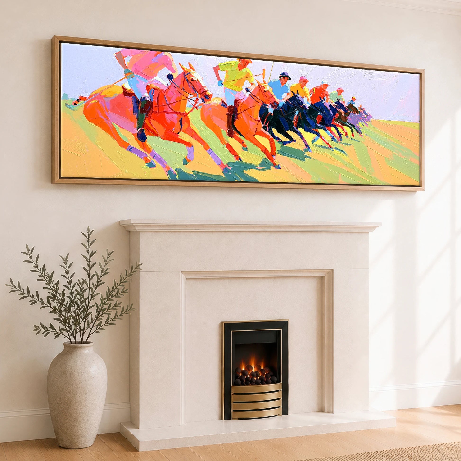 The Polo Charge Polo Horse panoramic canvas wall art displayed above a fireplace