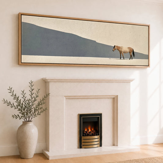 Quiet Contours Horse Landscape panoramic canvas wall art displayed above a fireplace