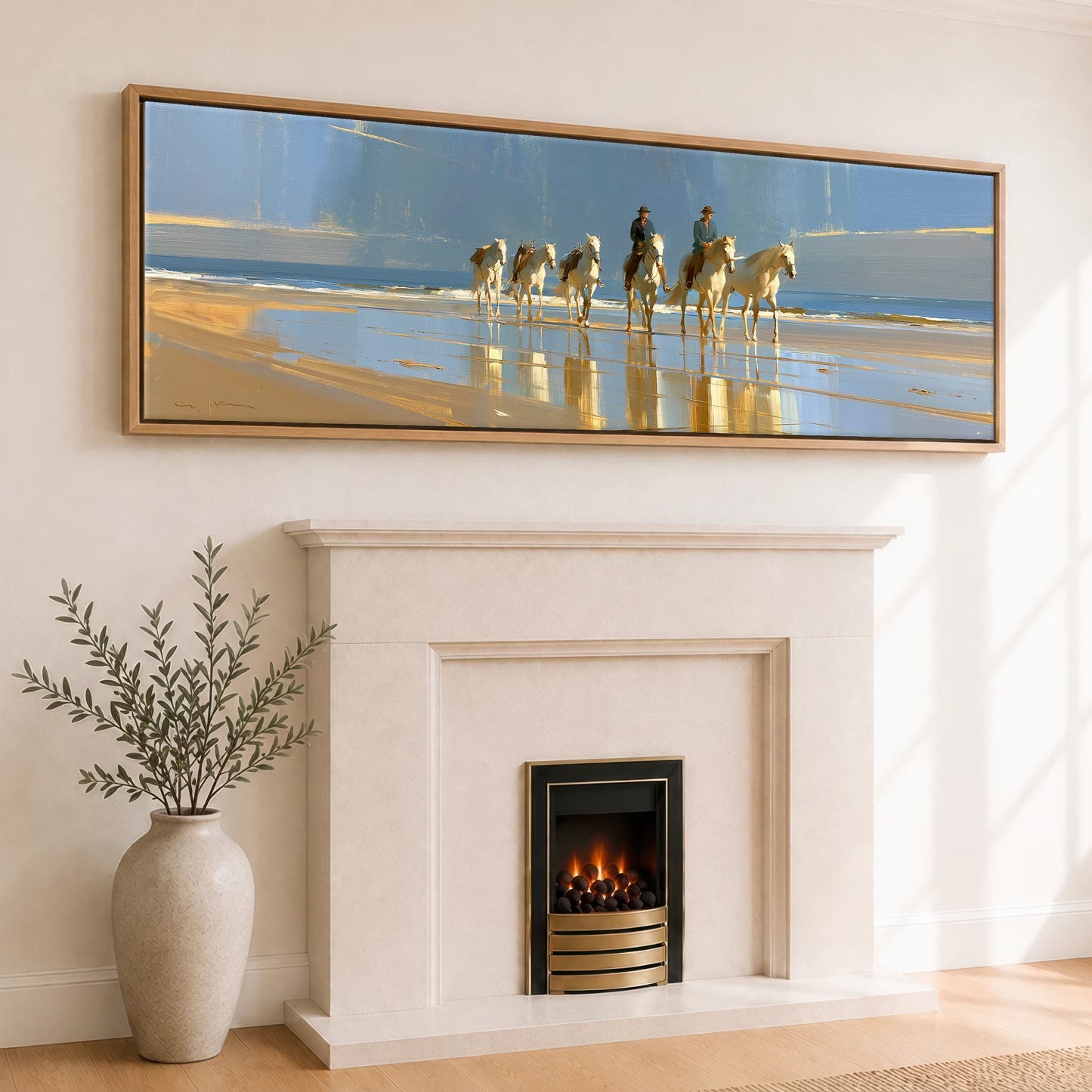 The Coastal String Horse Landscape panoramic canvas wall art displayed above a fireplace