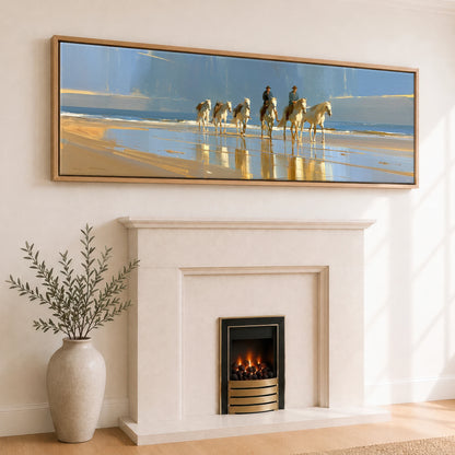 The Coastal String Horse Landscape panoramic canvas wall art displayed above a fireplace